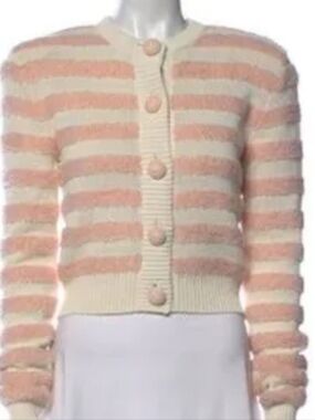 NEW never used  Balmain Pink and Cream Striped Fuzzy Button-Front Cardigan